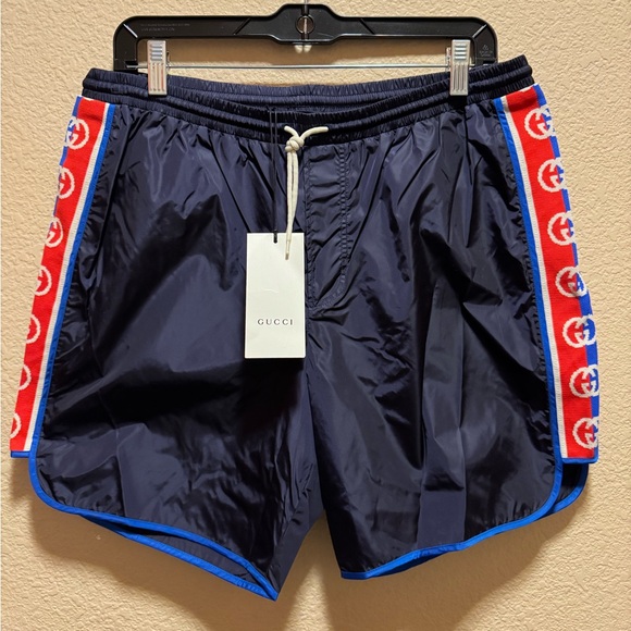 New Authentic Gucci GG Logo Swim Shorts Blue Size IT 48 US M Fits Waist 32 34 - Picture 1 of 8
